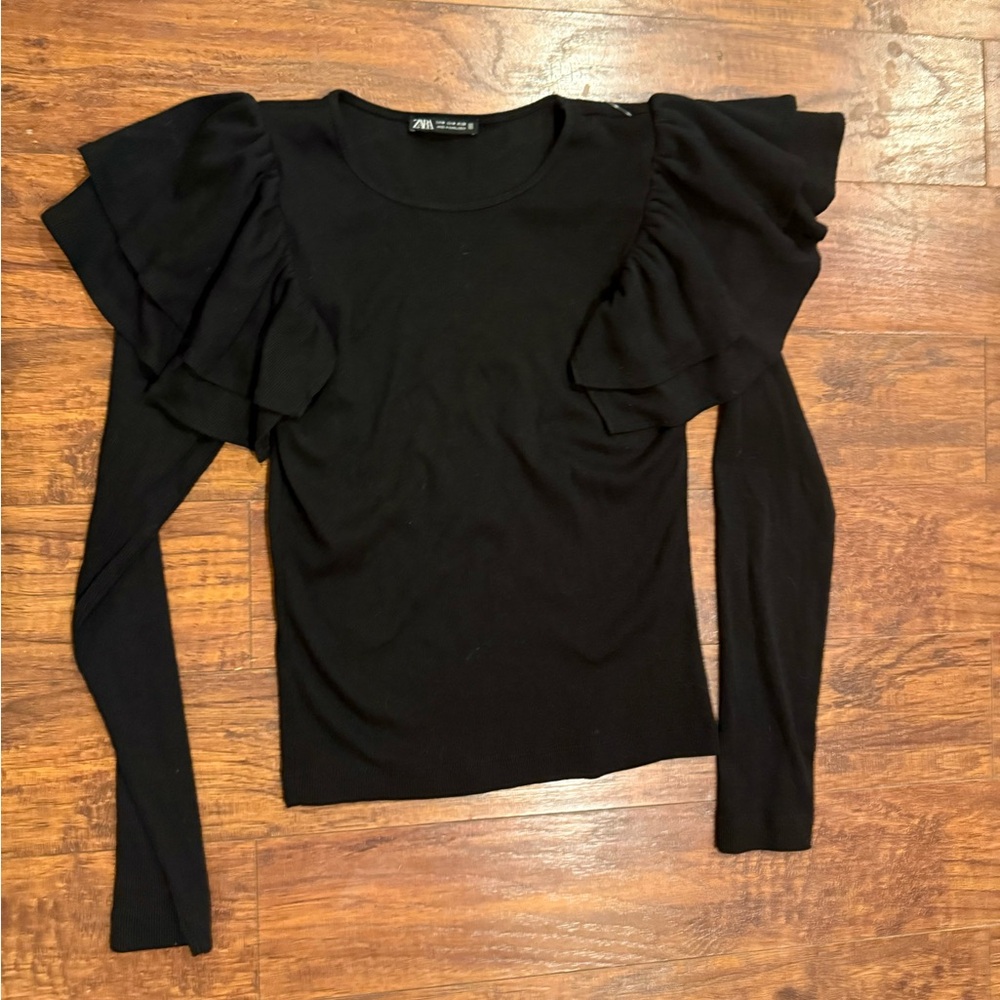 Zara Black Ruffled Ribbed Long Sleeve